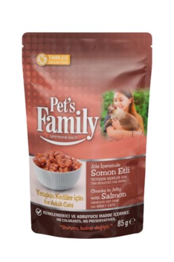 PET'S FAMILY POUCH YETİŞKİN KEDİ MAMASI 85GR SOMONLU JÖLELİ. ürün görseli